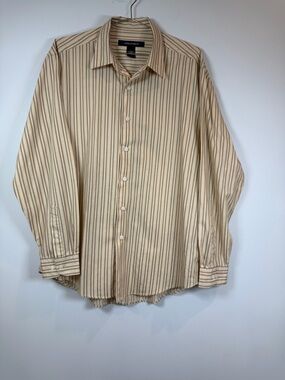 Architect Men's Beige and Brown Striped Dress Shirt Large